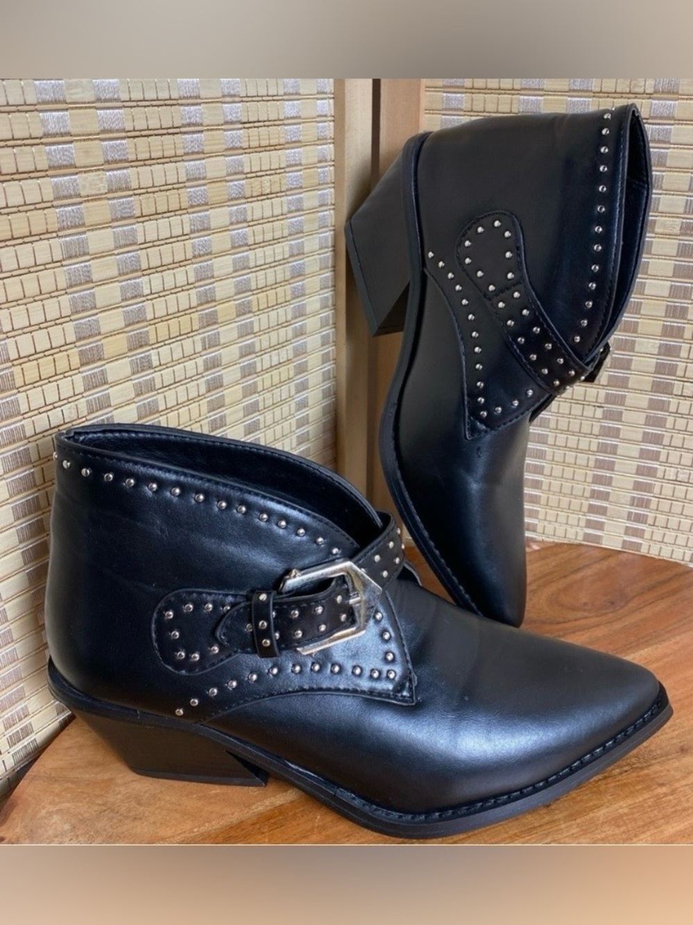 Seven7 Dallas Woman’s 7 Western Black Faux Leather Ankle Pointed Studded Boots